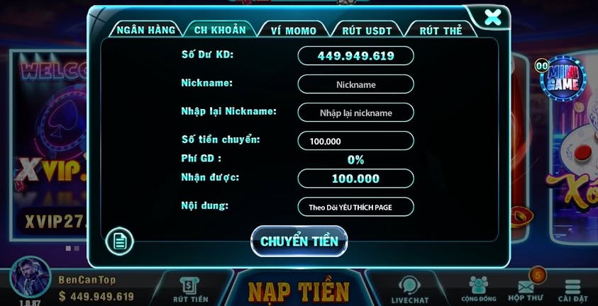 Nạp tiền rút tiền 2 Nạp tiền bằng phương thức Chuyển khoản ngân hàng